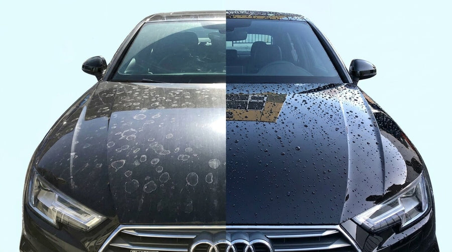 An Audi front end split down the middle — dull, oxidized clear coat on the left, deep glossy ceramic finish on the right