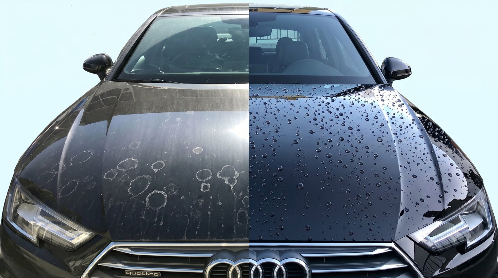 One car, two halves: dried hard-water rings on the dull uncoated side, tight water beads on the coated side