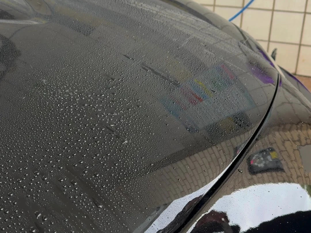 Tight water beads standing on a freshly coated black hood at the wash bay &mdash; the first proof the coating took