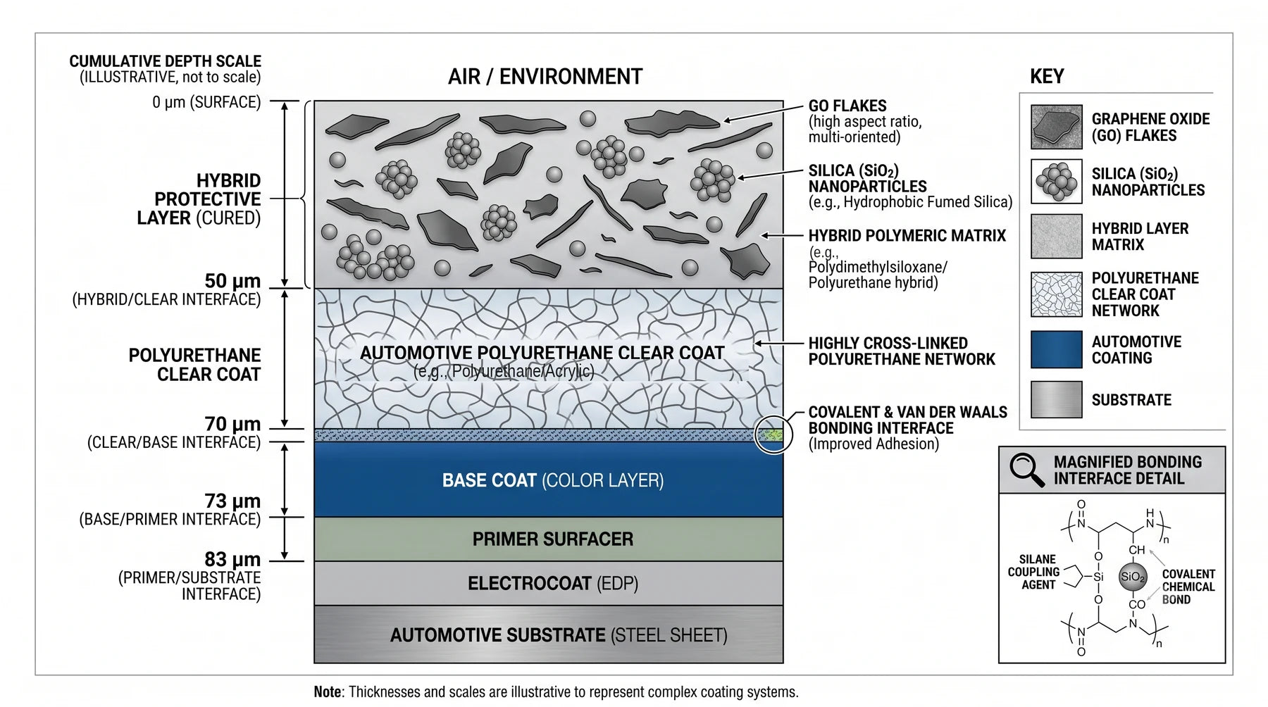 Cross-section diagram of the cured protective layer sitting on the automotive paint stack &mdash; clear coat, base coat, primer, electrocoat, and steel substrate &mdash; with the bonding interface magnified