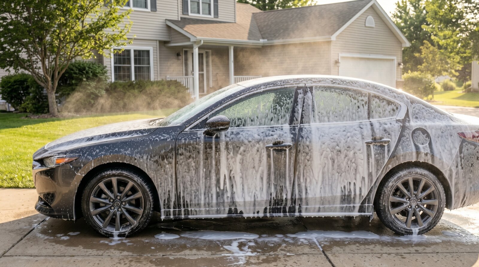 Snow foam from a foam-cannon car wash sliding down the side of a dark sport sedan in a residential driveway