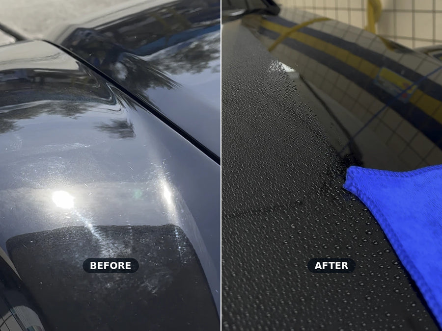 Before/after split of a black RX-8 — hazy, swirled clear coat on the left; tight water beading after ShineMD on the right
