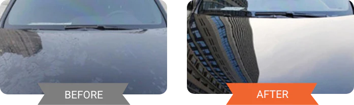 Before-and-after comparison of a dark sedan hood: matte diffuse reflection on the before side, sharp clean building reflection on the after side