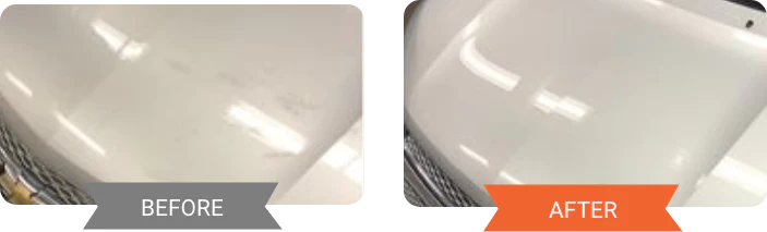 Before-and-after comparison of a white car panel: dusty surface with visible micro-defects before, clean smooth gloss after
