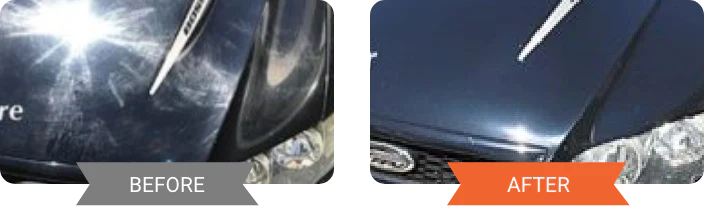 Before-and-after comparison of a black sport coupe hood: heavy swirl marks visible before, deep clean gloss after