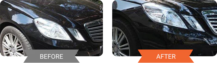 Before-and-after comparison of a black Mercedes side panel: textured dusty surface before, smooth even gloss after